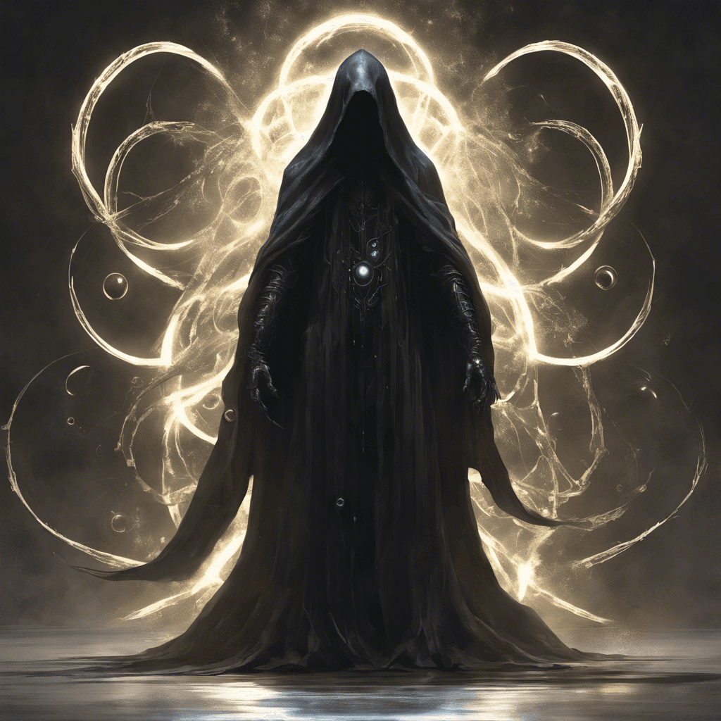 A menacing figure cloaked in shadows, with glowing orbs for eyes and sharp, metallic tendrils protruding from its back. Its movements are swift and unpredictable, as if it can phase in and out of reality at will.