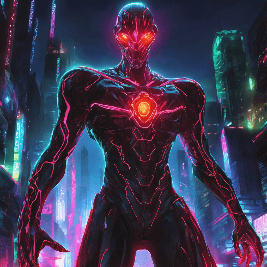 The Neon Spectre is a humanoid figure covered in pulsating neon lights that illuminate the surrounding area. Its eyes glow with a menacing red light, and its cybernetic limbs are sleek and deadly. The Spectre moves with unnatural speed and agility, almost flickering in and out of existence.