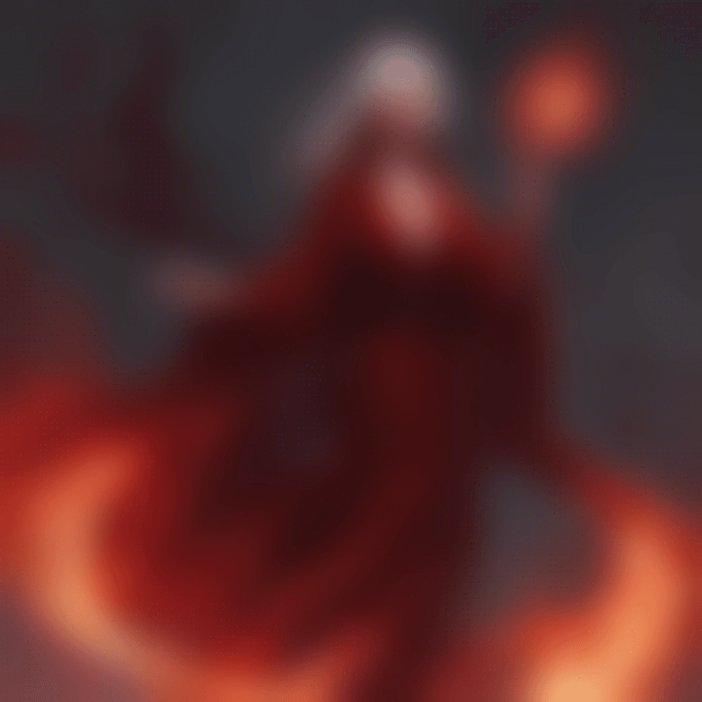 A tall, imposing figure draped in deep red robes that flow like liquid down her body. Her eyes flicker with arcane fire, and in one hand she wields a twisted, blackthorn staff pulsing with dark energy.