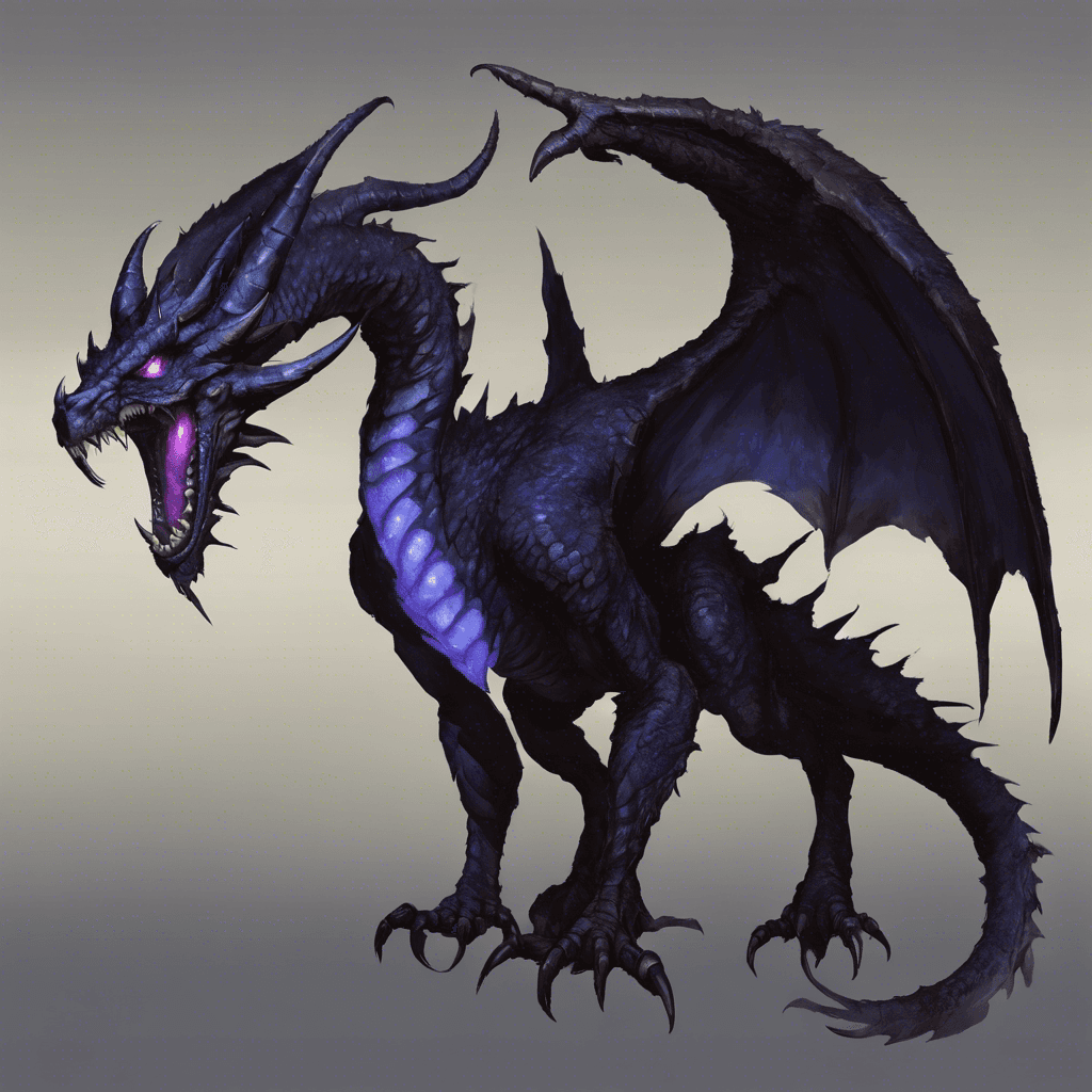 A massive wyvern with dark, matted fur, large twisted horns, and leathery wings. Its eyes glow with a malignant intelligence, and its claws glisten with venom.