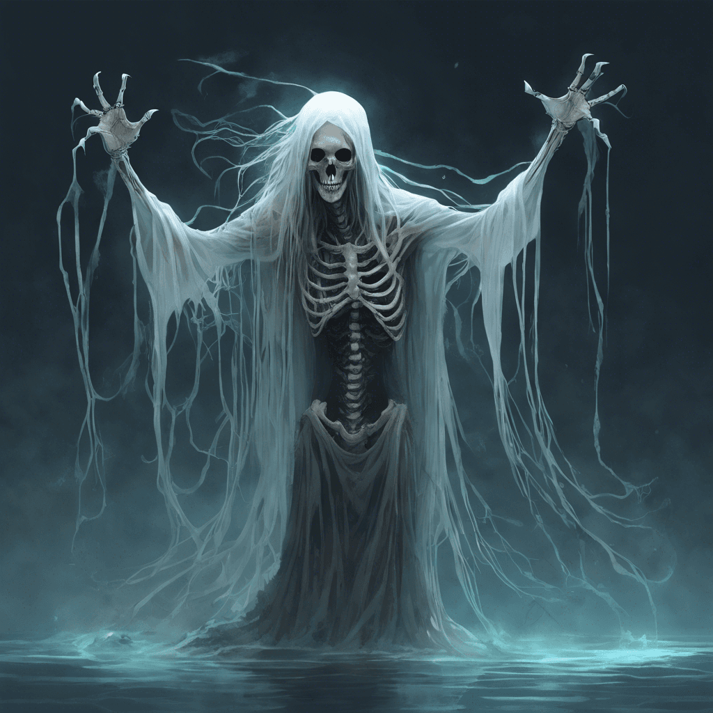 A wraith-like creature with translucent skin and tattered robes floating around a skeletal frame. Its eyes are hollow, yet a ghostly light emanates from within. Long, ethereal hair flows as if underwater, and its hands are clawed with a deathly chill.