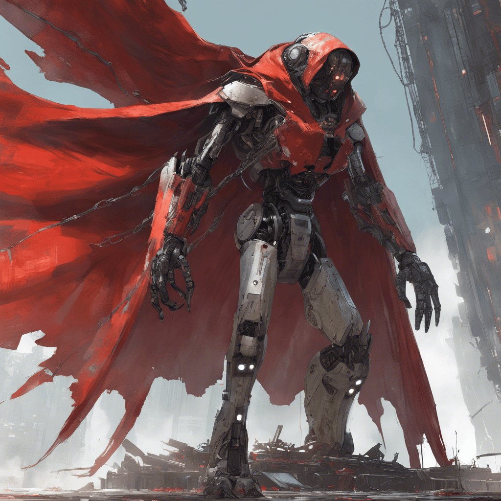 A towering figure draped in a tattered cloak approaches; beneath the layers, the glint of steel and the hum of servos can be seen and heard. An array of red sensors scans the environment, and a mechanical arm whirs as it clutches a sinister-looking energy blade.