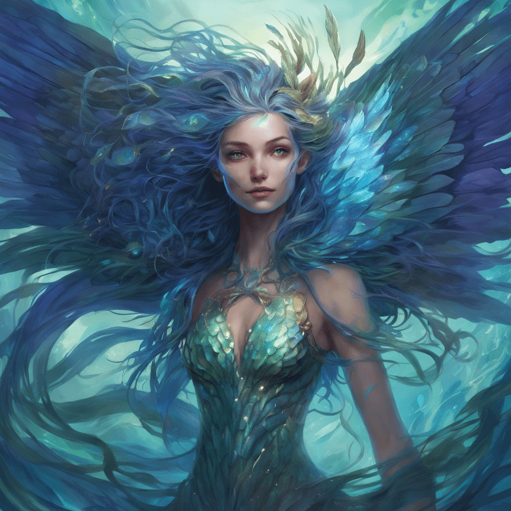 The Siren Sentinel has iridescent scales, piercing sapphire eyes, and a wild mane of seaweed tangled hair. Her feathered wings shimmer with a spectral glow, lending her an ethereal presence.