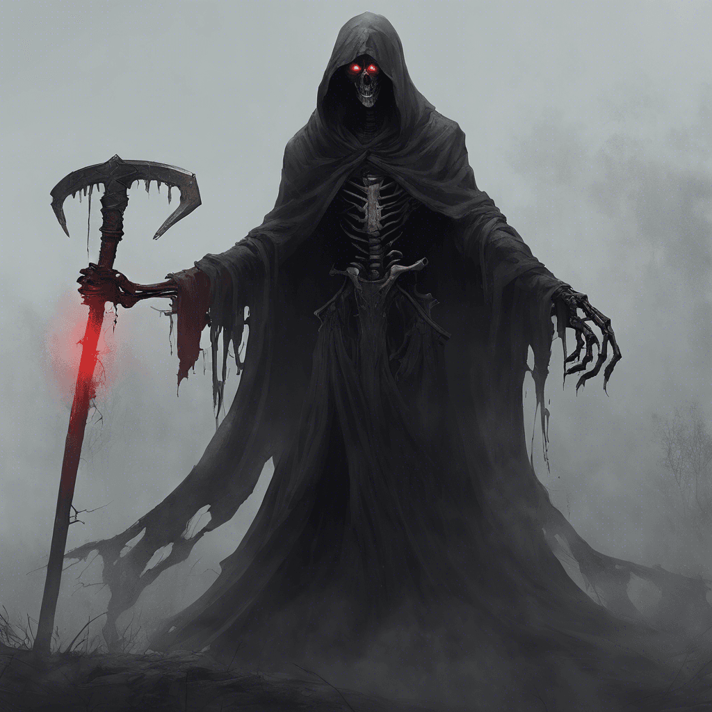 A towering, gaunt figure draped in tattered dark robes. Its face is hidden under a hood, with glowing red eyes piercing through the shadows. Skeletal hands wield a scythe that seems to absorb the light around it, trailing a mist of despair.