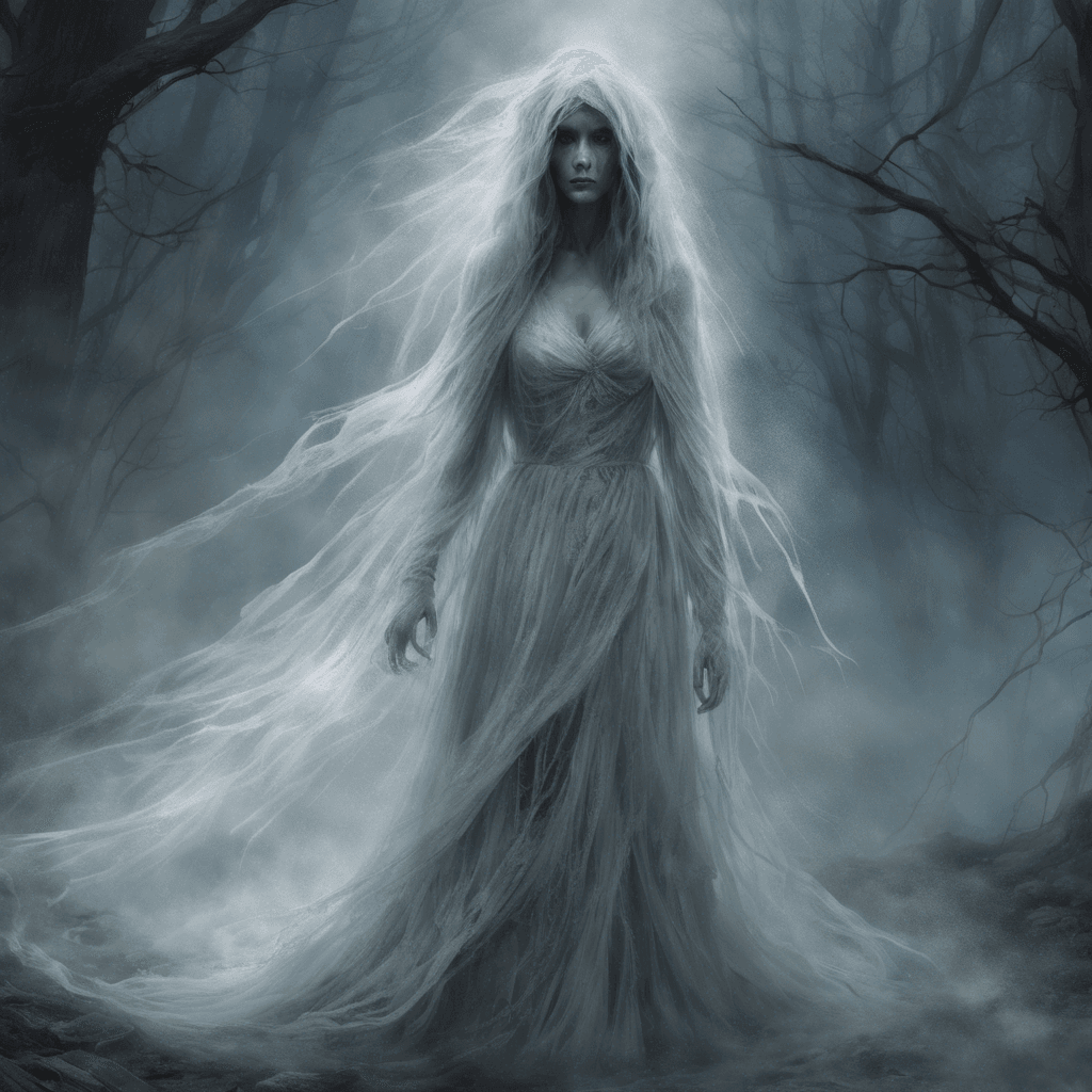 The Wraith of Lady Genevieve is a ghostly figure clad in a tattered wedding gown, her eyes hollow and filled with malice. Wisps of ethereal mist trail behind her, exuding a chilling aura that freezes the air around her.