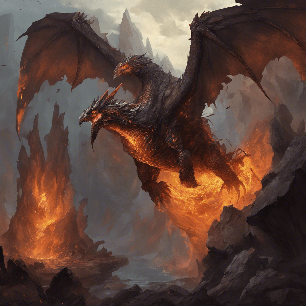 A monstrous drake with smoldering scales like molten stone, eyes glowing like embers, and wings tattered from eons of dwelling in narrow rock confines.