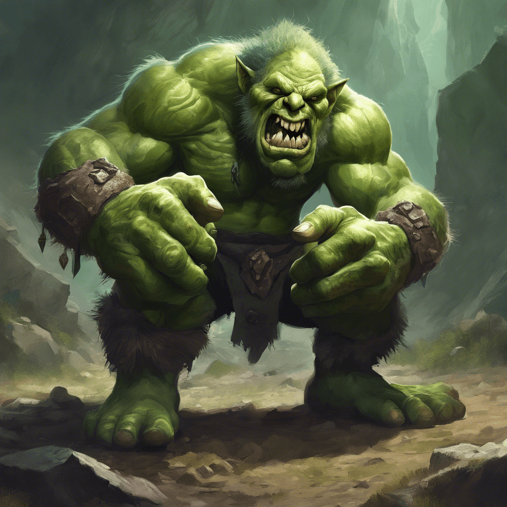 A hulking troll with wart-covered green skin, club in one massive hand, and teeth like jagged stones.