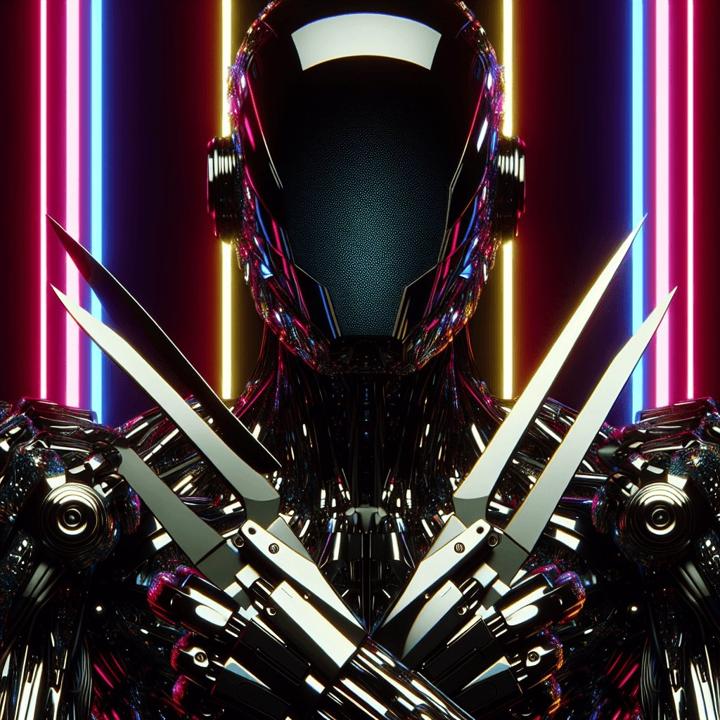 A sleek, blade-armed android with a mirrored, opaque visor for a face. Its body adorned with shimmering black scales, reflecting a distortion of the surrounding neon lights.