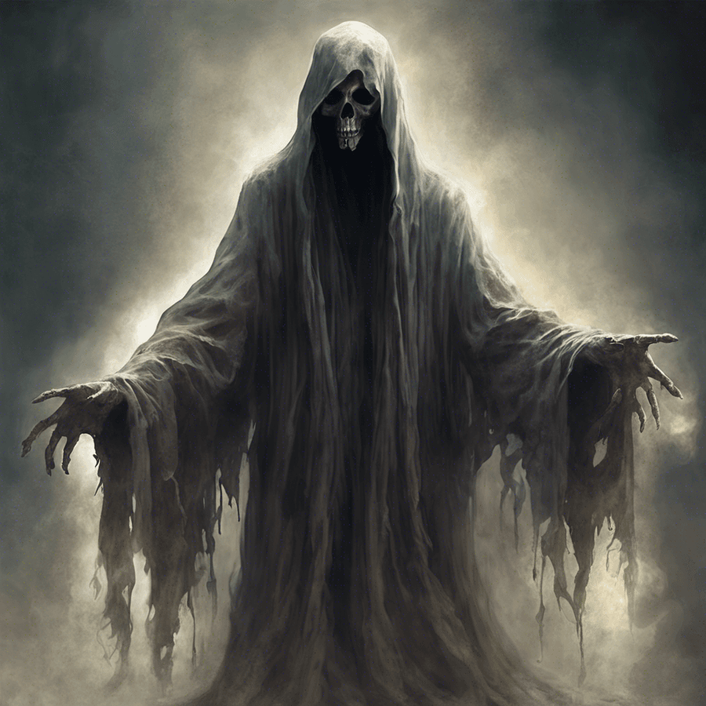 The Specter of the Damned is a ghostly figure cloaked in tattered robes, its eyes glowing with an otherworldly light. It moves silently through the shadows, emanating a bone-chilling aura that freezes the very air around it.