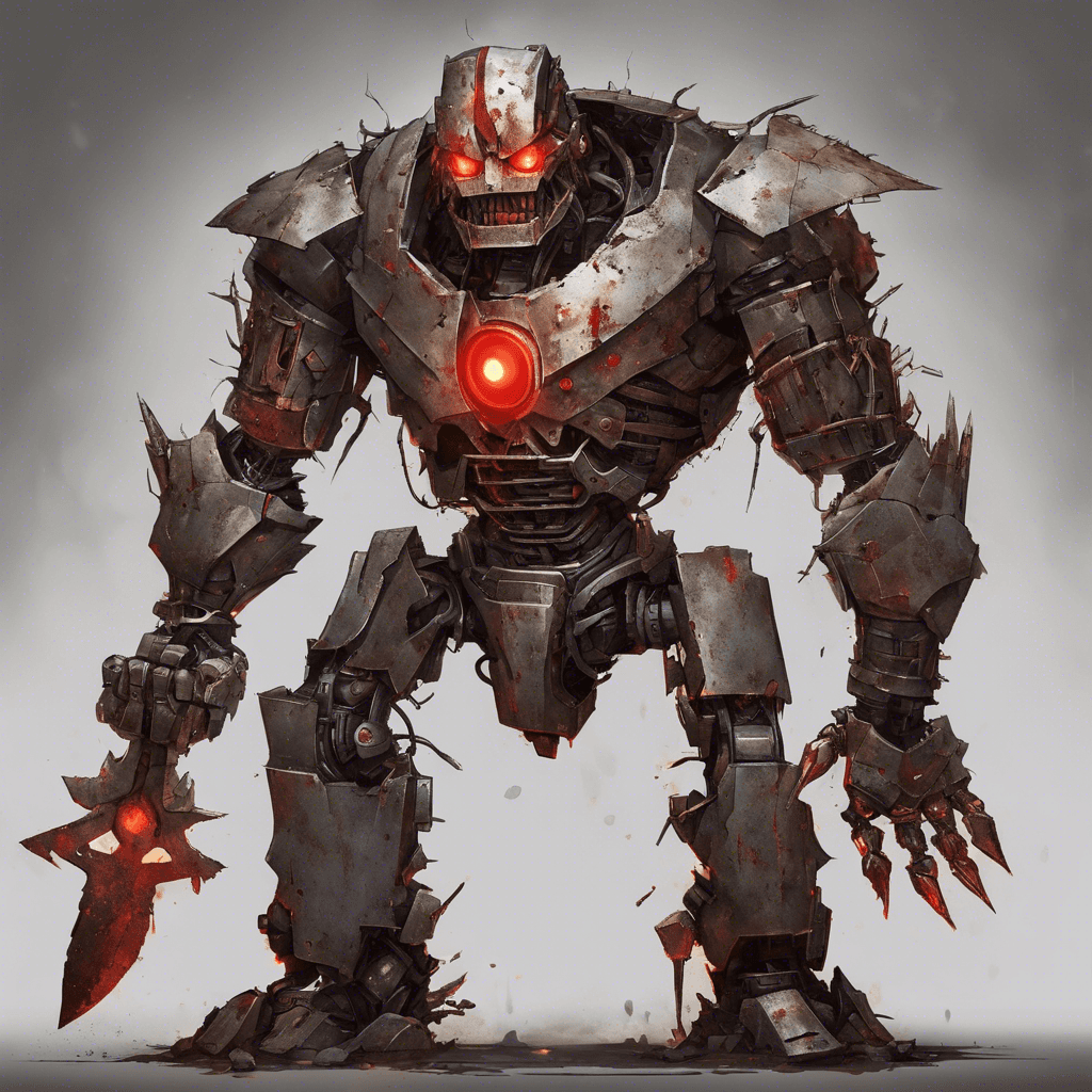 A hulking robot with a tarnished metal exterior resembling a humanoid shape, adorned with jagged scraps and patches of various metals haphazardly welded. It has glowing red eyes and carries a massive, rusty cleaver-like sword.