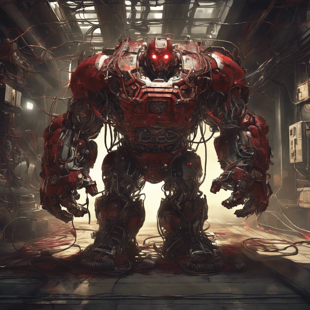 A towering hulking figure, the Circuit Shade is covered in a patchwork of mismatched metal plates and exposed wiring. Its eyes are deep crimson orbs, and arcs of electricity sporadically jump between its joints. Steam billows from vents on its shoulders, and its weaponized arms look as though they've been scavenged from various android models.