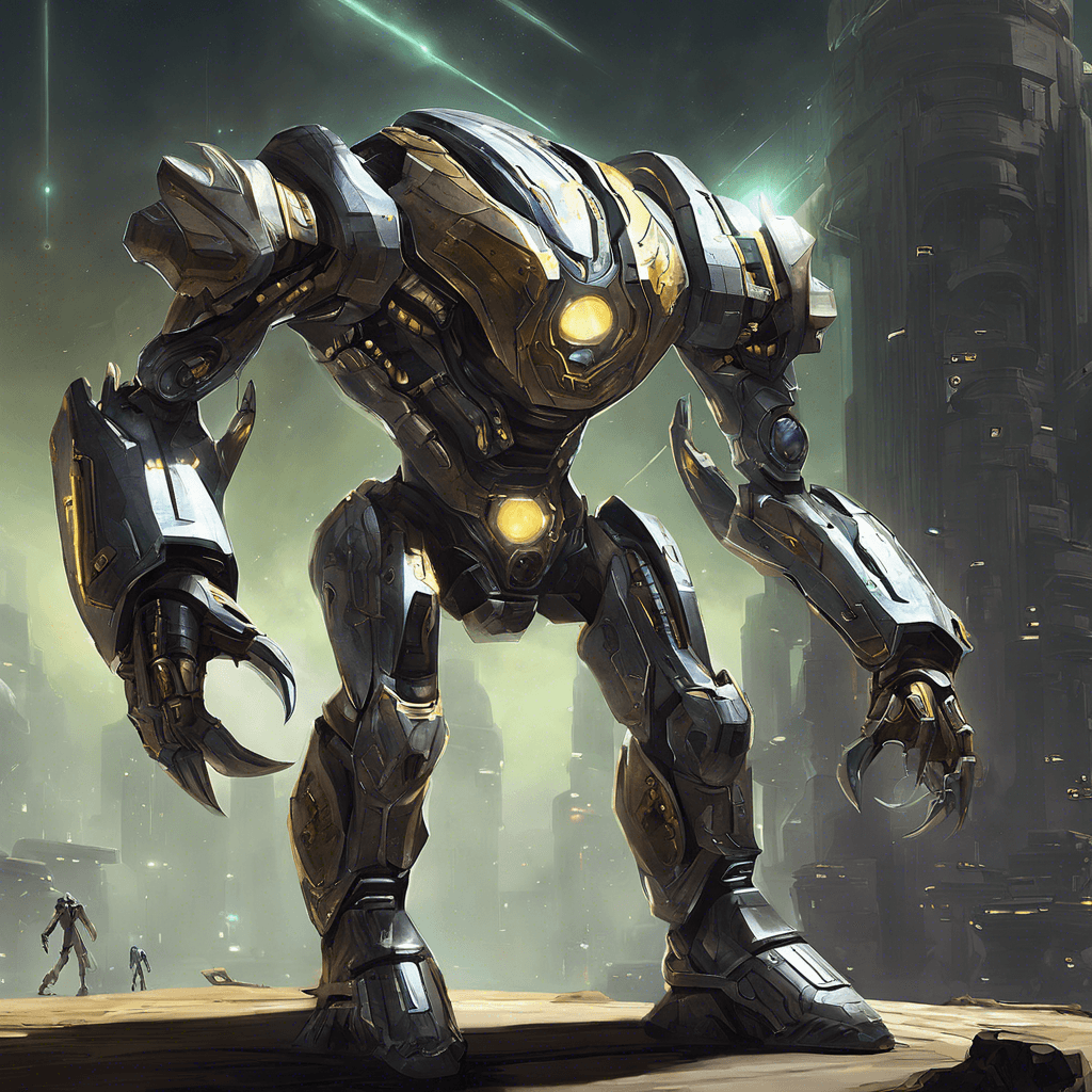 The Cybernetic Star Scavenger is a formidable enemy, standing tall with metallic armor adorned with glowing circuits. Its eyes are bright with calculating intelligence, and its limbs end in razor-sharp claws. Its body hums with the power of advanced technology, making it a lethal foe to face in combat.