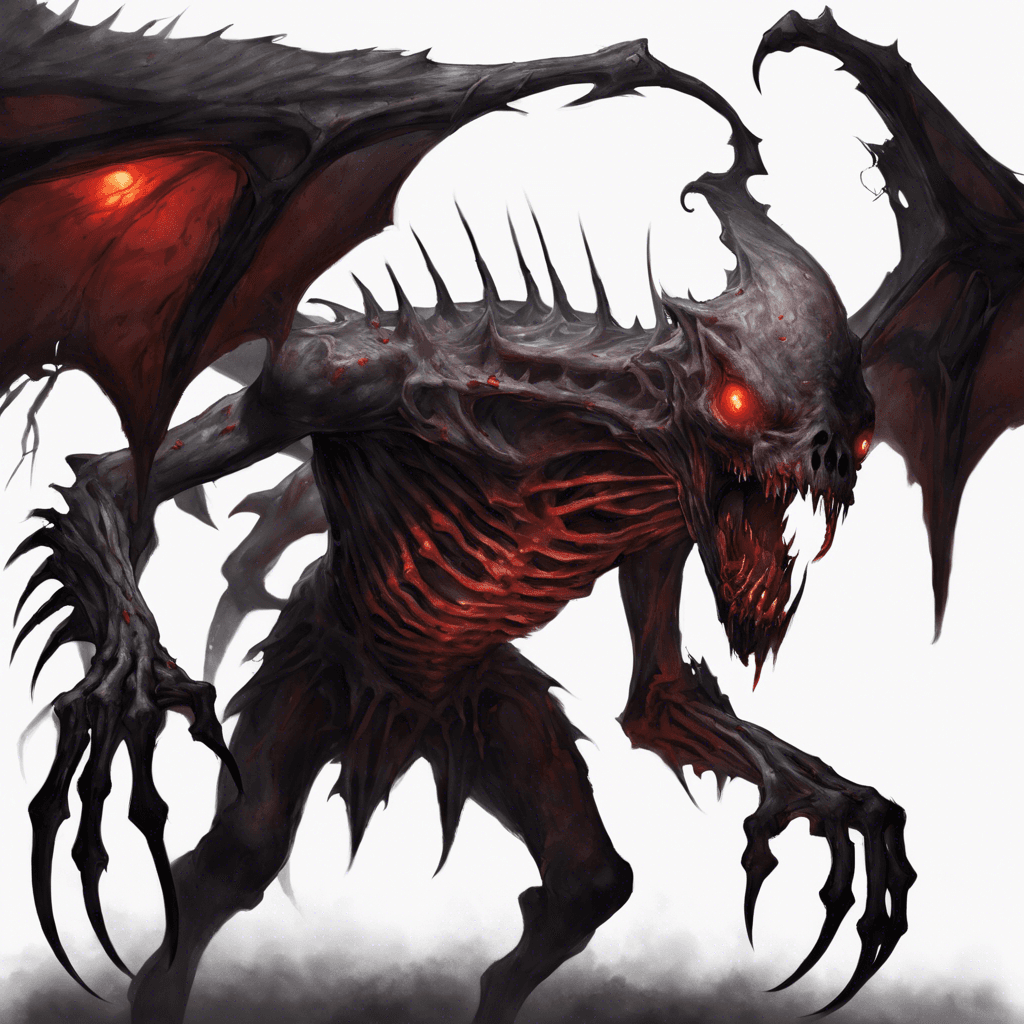 A gaunt creature with pallid, deathly skin tight over its skeletal frame, glowing malevolent red eyes, and elongated, sharp claws dripping with venomous ichor.