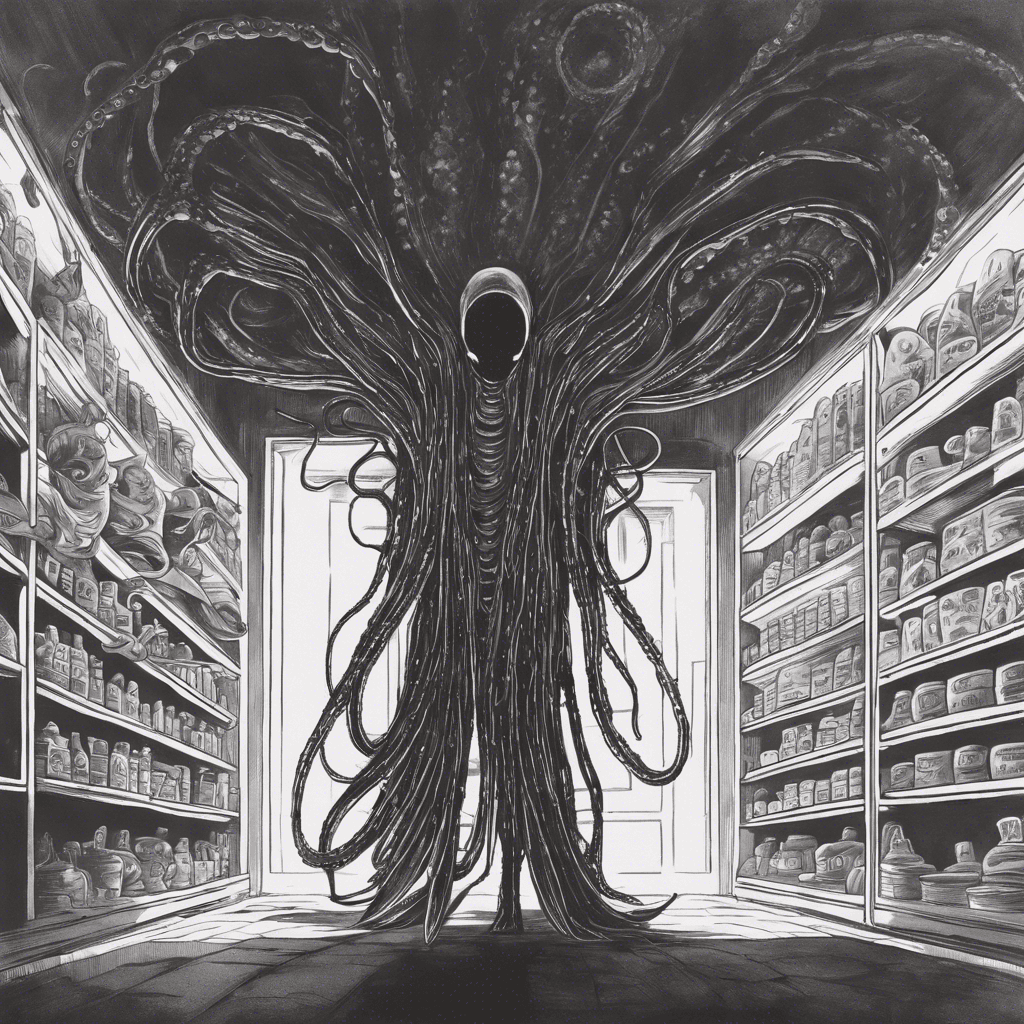 A shadowy figure looms, ethereal and almost invisible against the backdrop of the store. Shimmering outlines betray the presence of something alien, its form shifting and undulating in and out of view. Semi-transparent tentacles seem to phase through objects, hinting at its ability to manipulate intangibility.