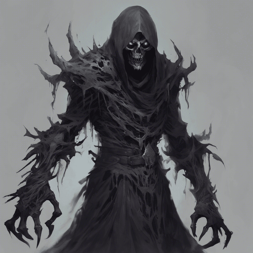 A ghastly specter draped in tattered robes, its hollow eyes glowing malevolently in the dark, claws that could slice through the toughest armor, and an air of dread that chills to the bone.