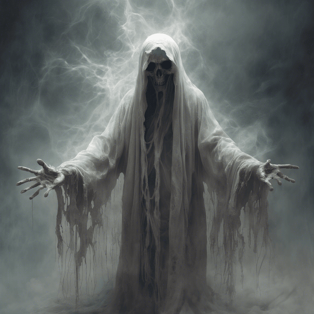 A ghostly figure encased in tattered robes, its eyes hollow pits of despair, and hands outstretched with fingers ending in ethereal wisps.