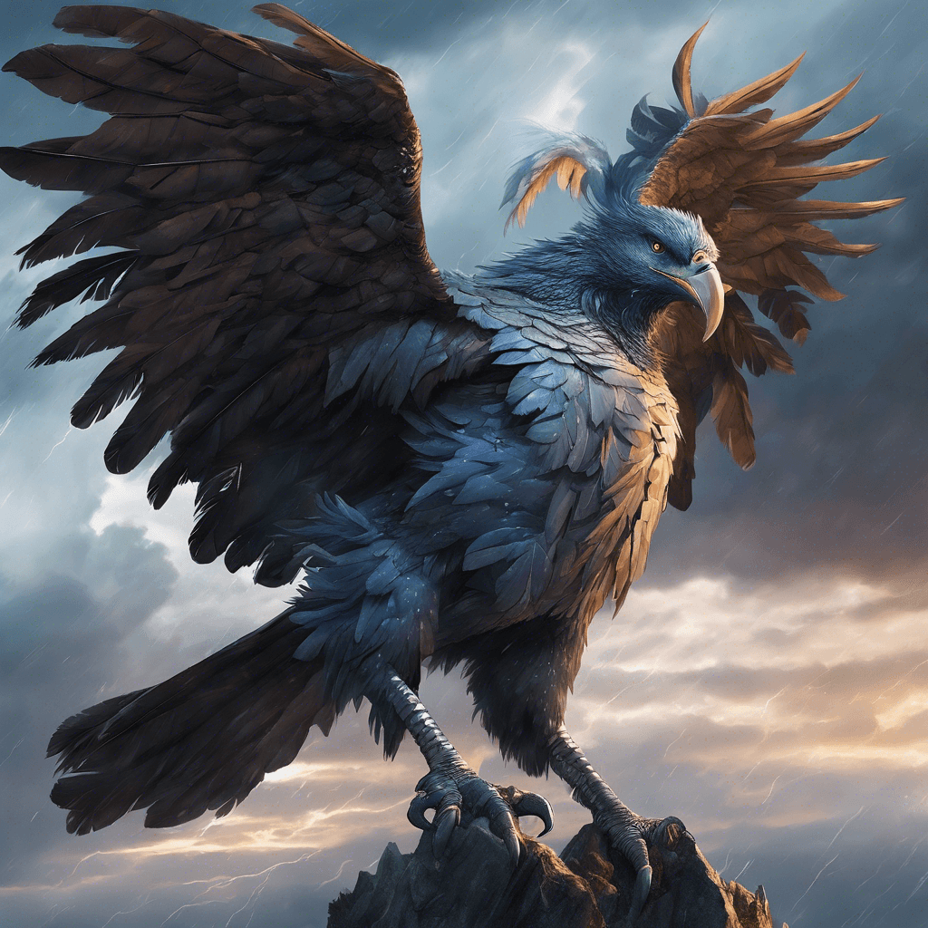 Skylar is a colossal, mountainous bird with feathers that shimmer with all the hues of a stormy sky. Its eyes crackle with the raw power of the elements, and its talons look like they're forged from storm clouds.