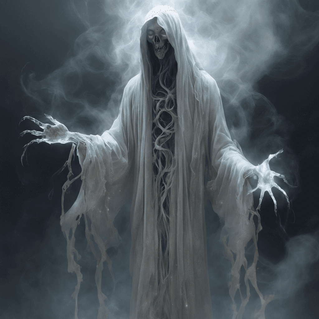 A tall, translucent figure draped in tattered robes, devoid of any facial features except for two glowing, malevolent eyes. Wisps of ethereal smoke trail from its form, and its hands stretch out with claw-like fingers.