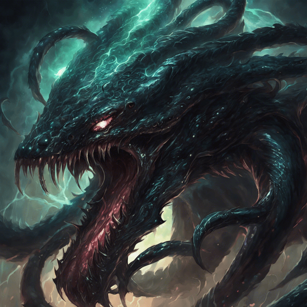 The Void Serpent is a massive alien creature with dark, shimmering scales that seem to absorb all light around it. It has multiple tentacles tipped with razor-like claws and a maw filled with rows of sharp teeth. Its eyes glow with an eerie, otherworldly light, and it moves with lightning speed through the void of space.