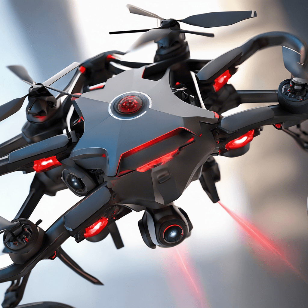 The Scout Drone is a sleek, metallic quadcopter equipped with advanced sensors and weaponry. It hovers silently in the air, scanning the area with red glowing eyes and ready to engage any intruders with its laser cannons.