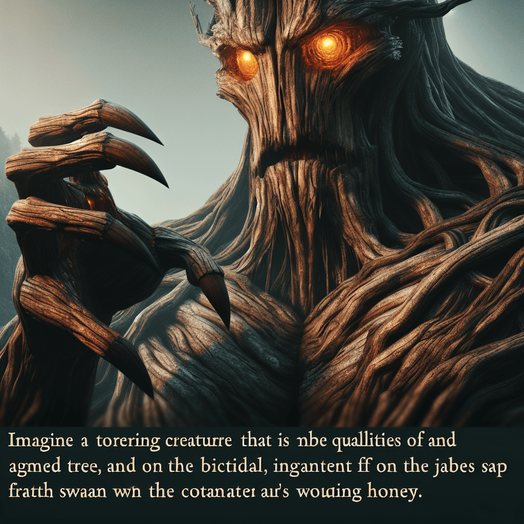 A towering creature with bark-like skin and glowing amber eyes. Vines covered in wicked thorns wrap around its large, hulking form, and sap drips from its jagged wooden claws.