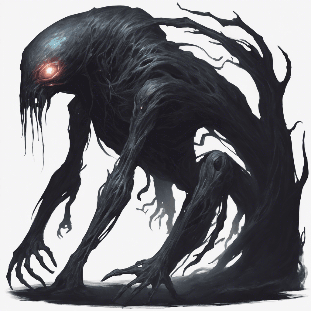 A dark, wraith-like creature with elongated limbs and faintly glowing eyes. Its spectral form seems to shift and waver in the dim light, making it difficult to focus on.