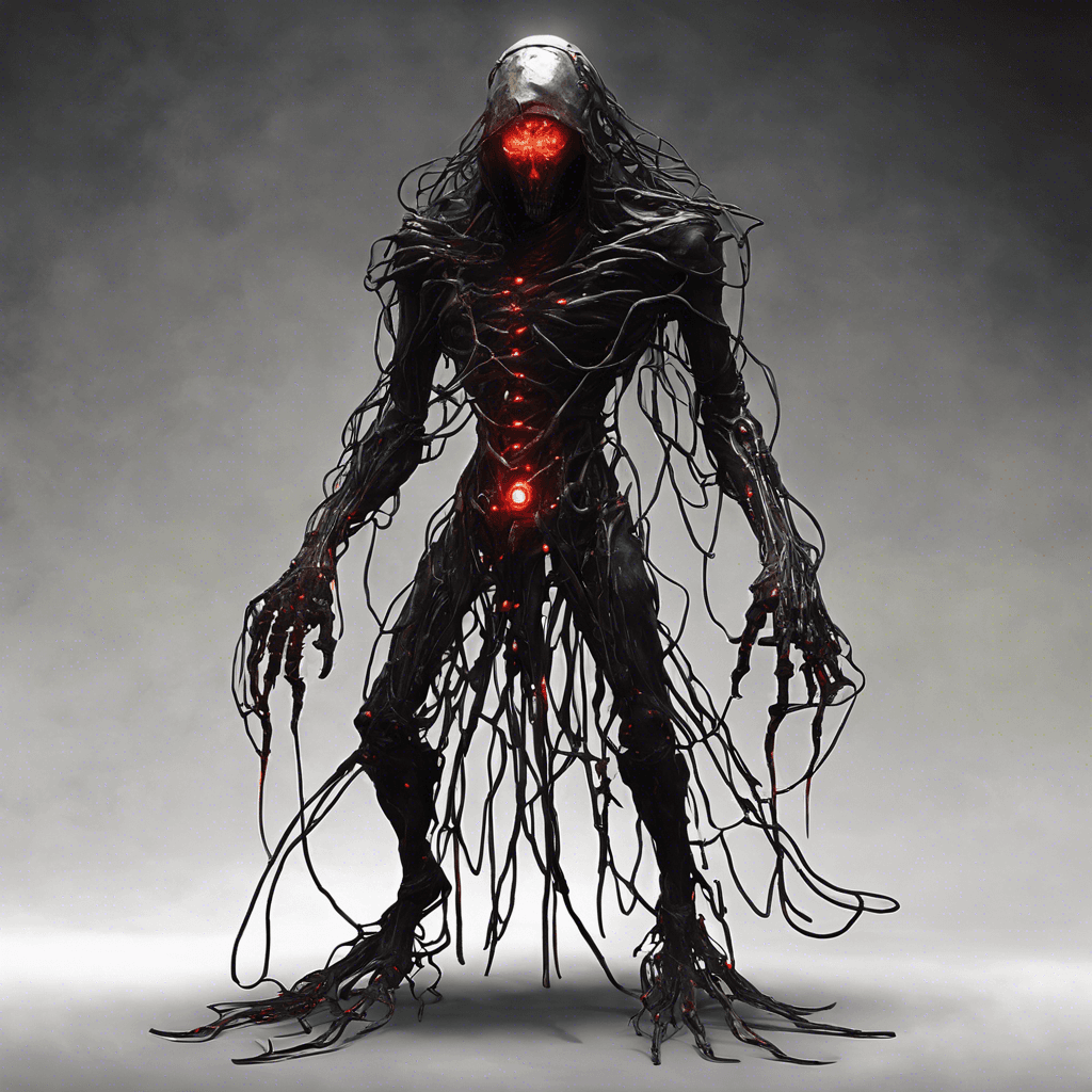 This enemy is a wraithlike figure enveloped in a tattered long coat, with glowing red optics for eyes and dark synthetic skin stretched over a metallic skeleton. Wires and cables flow from its coat like tendrils of dark mist. Its presence is accompanied by a low electric hum and an aura of coldness emanating from its cybernetic core.