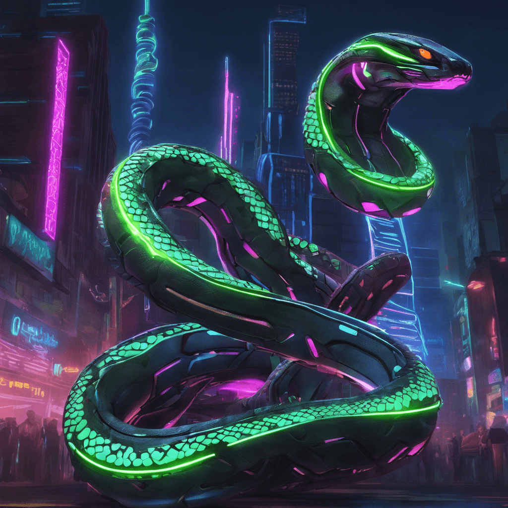 The Neon Cyber-Snake is a sleek, cyborg serpent with glowing neon scales that blend seamlessly into the cityscape. Its body is made of cutting-edge cybernetic materials, allowing it to slither silently and strike with deadly precision.