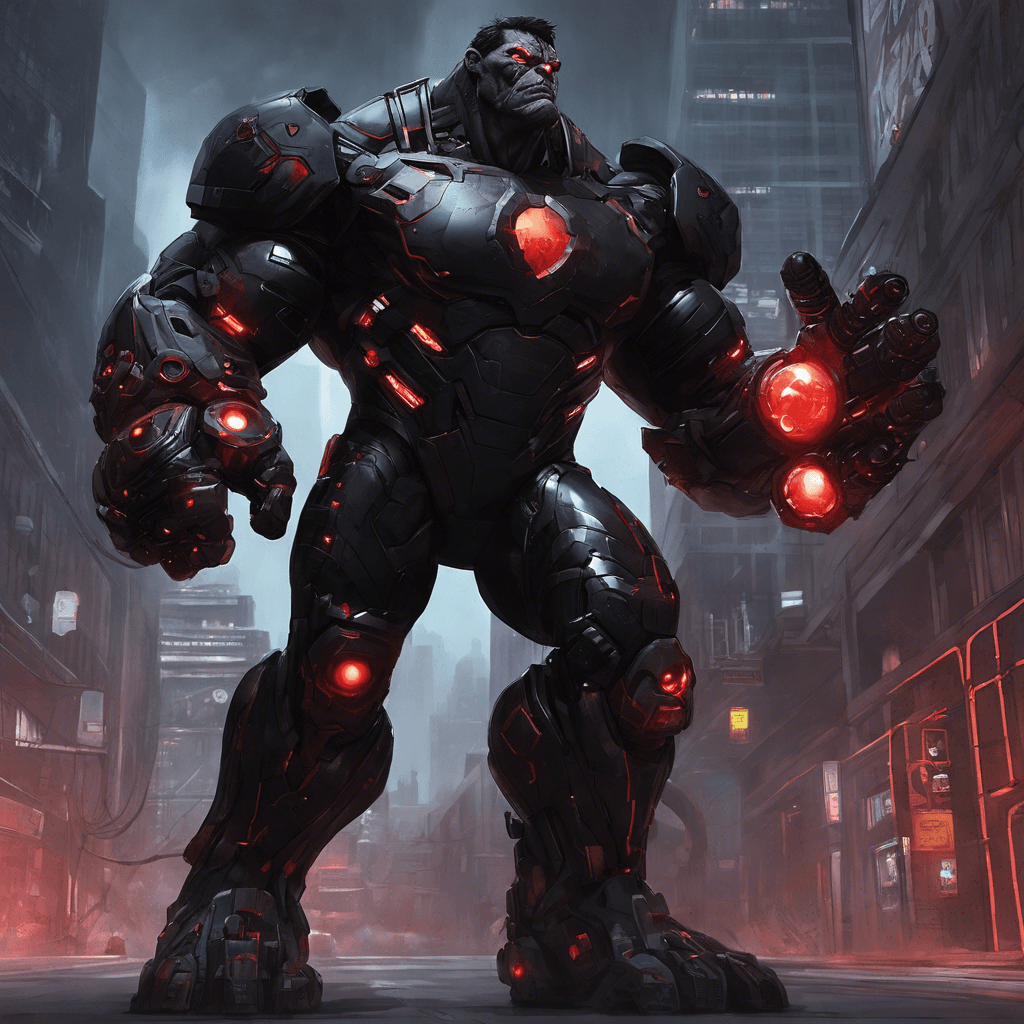 A hulking figure, adorned in matte black armor interspersed with glowing circuits. It carries an imposing energy cannon affixed to its right arm, and its left has been replaced with a hydraulic-powered grasp. Its eyes are two narrow slits of red light, scanning for corporate enemies.