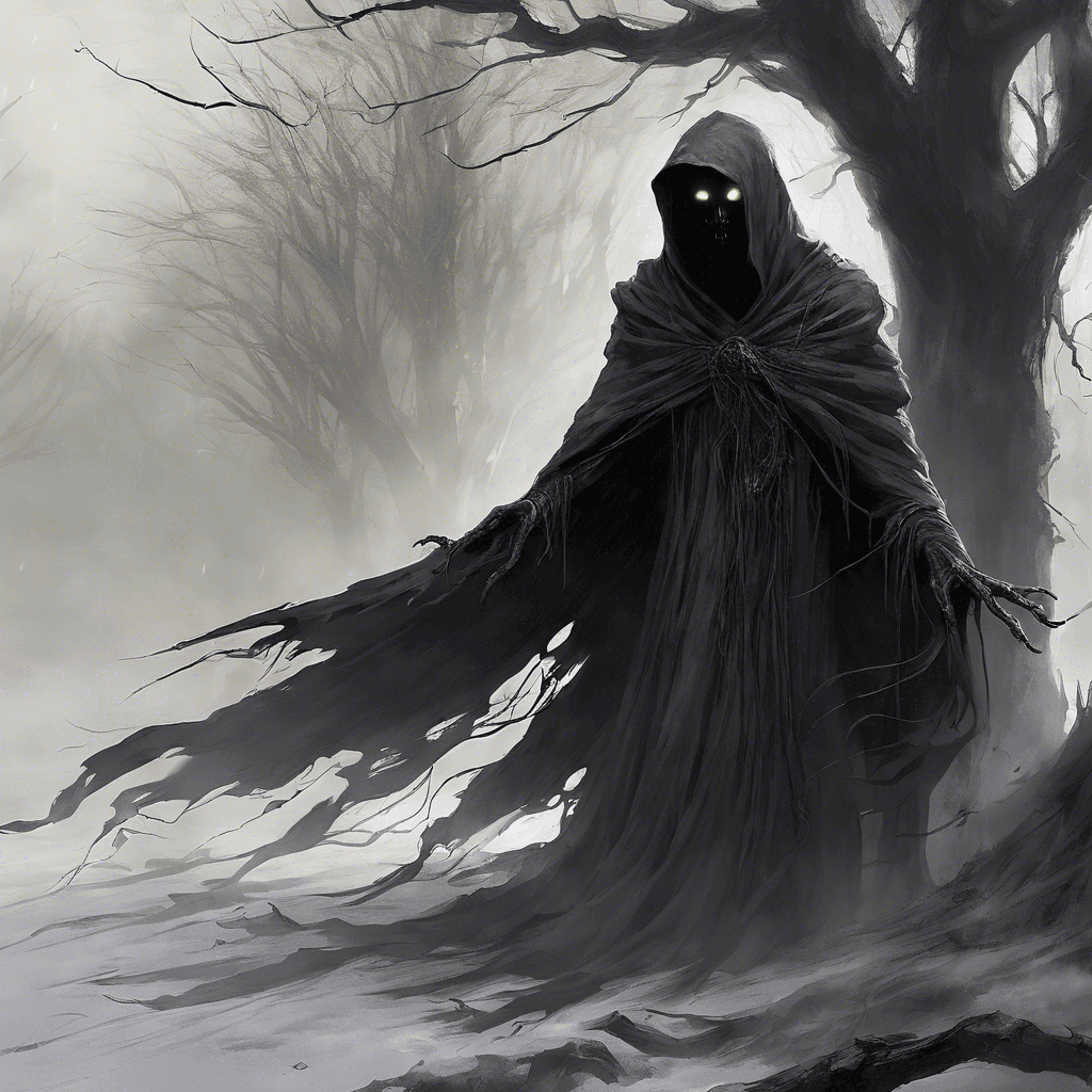 The Wraith of Ravencroft appears as a shadowy figure with glowing eyes, draped in tattered robes that seem to shift and swirl in an otherworldly wind. Its presence chills the air around it, and the faint whispers of lost souls can be heard emanating from its form.