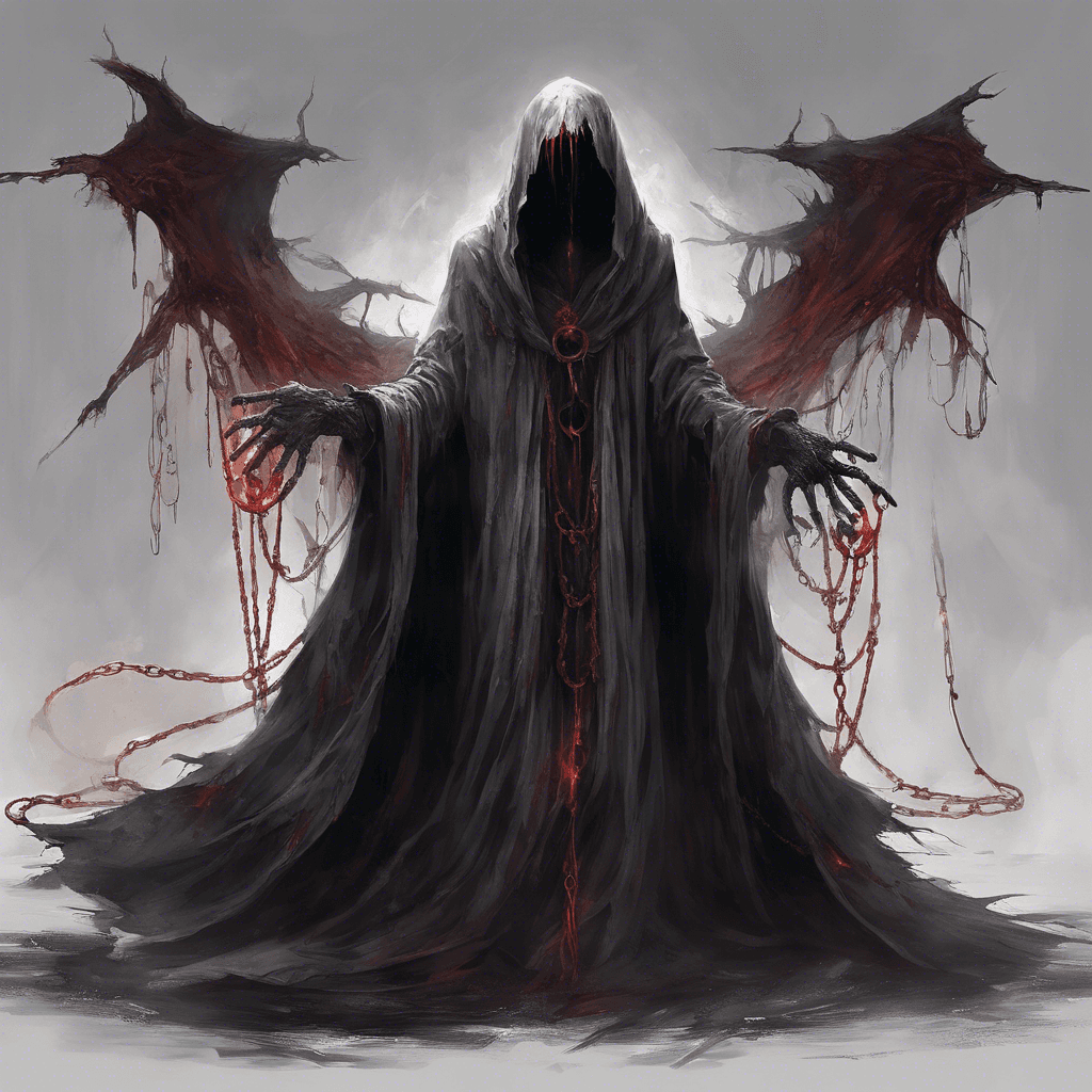 A spectral figure cloaked in tattered robes, its face a void of darkness save for two piercing red eyes. Ethereal chains rattle as it hovers, exuding a chilling aura of malice.