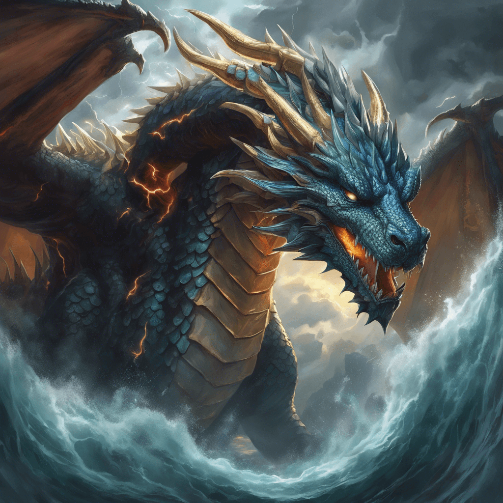 A colossal dragon with scales shimmering like storm clouds, eyes glowing with lightning, and wings that unfurl with the thunderous roar of gales.