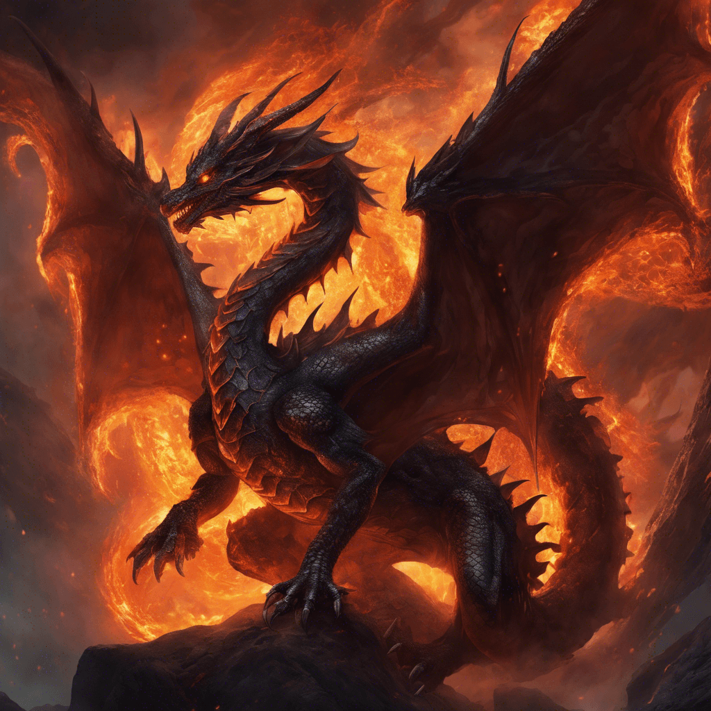 A serpentine dragon covered in dark glistening scales, with eyes smoldering like coals and fumes of shadowy fire curling from its nostrils, exuding an aura of ancient malice as its wings unfold, lined with veins of fiery glow.