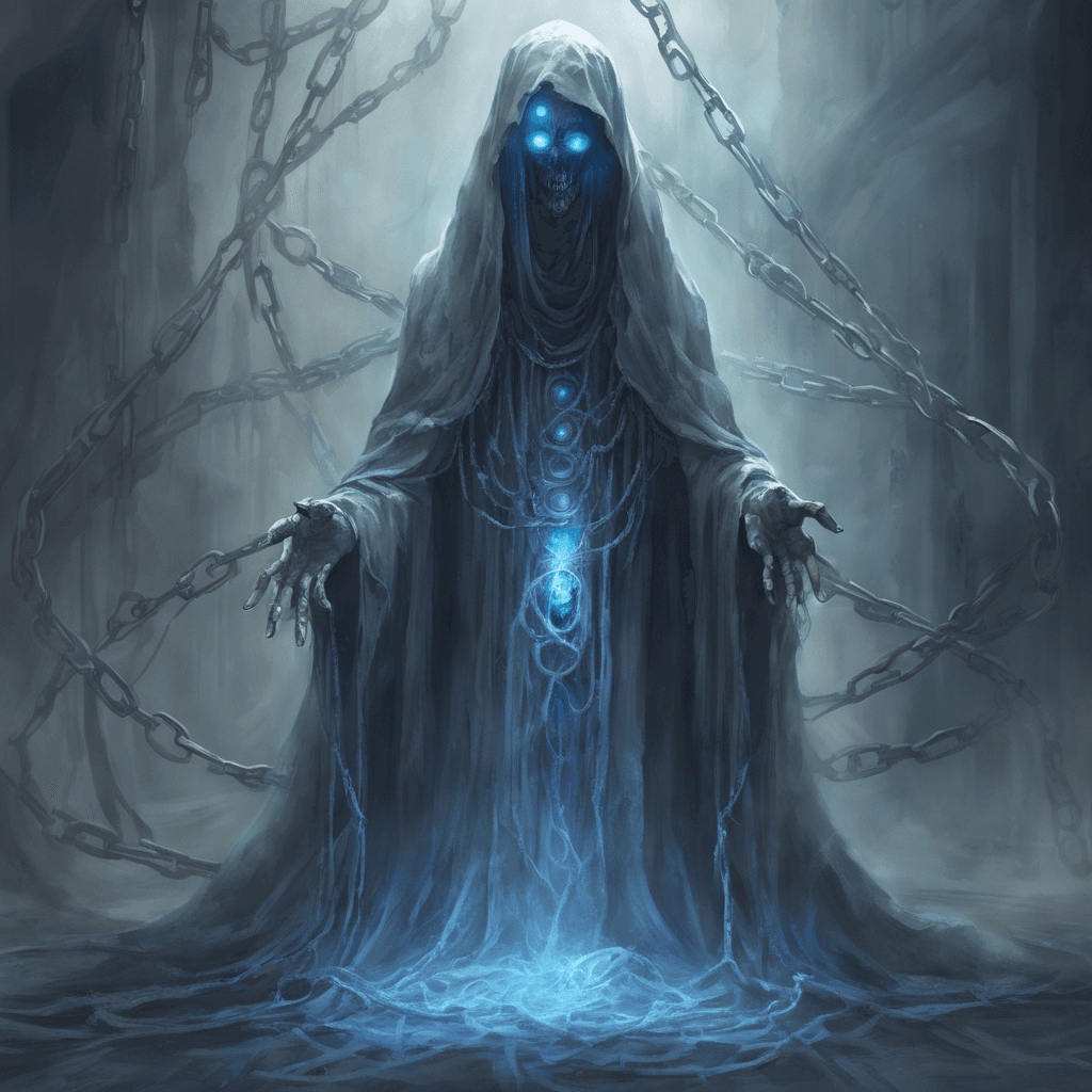 A spectral figure shrouded in tattered robes, its eyes hollow pits of despair. Ghostly chains clank softly as it hovers above the ground, bluish light emanating from its ethereal form.