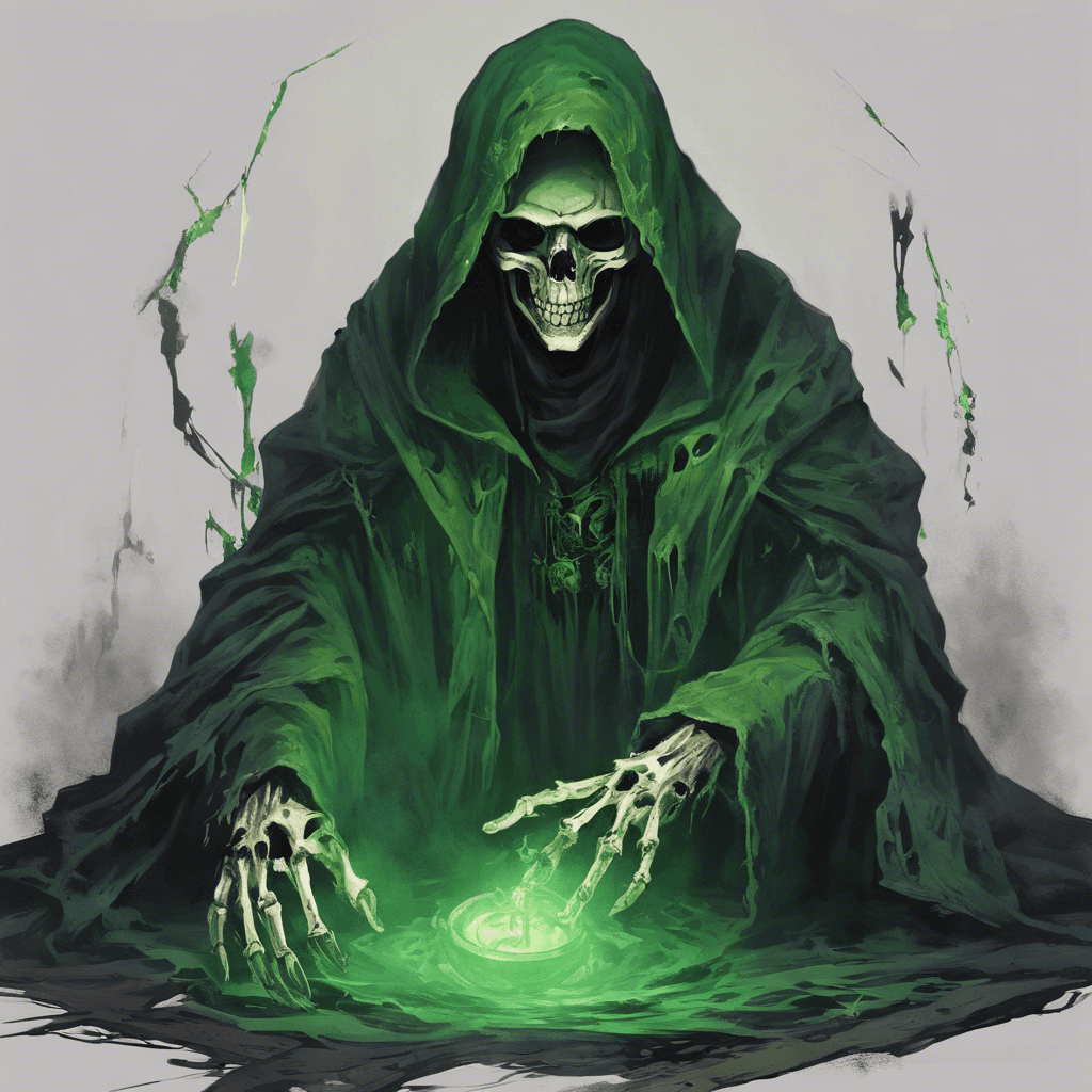 An entity shrouded in tattered robes floats before Victor, its gaunt visage barely visible within the deep hood. Skeletal hands extend from the sleeves, and its eyes radiate a baleful green light.