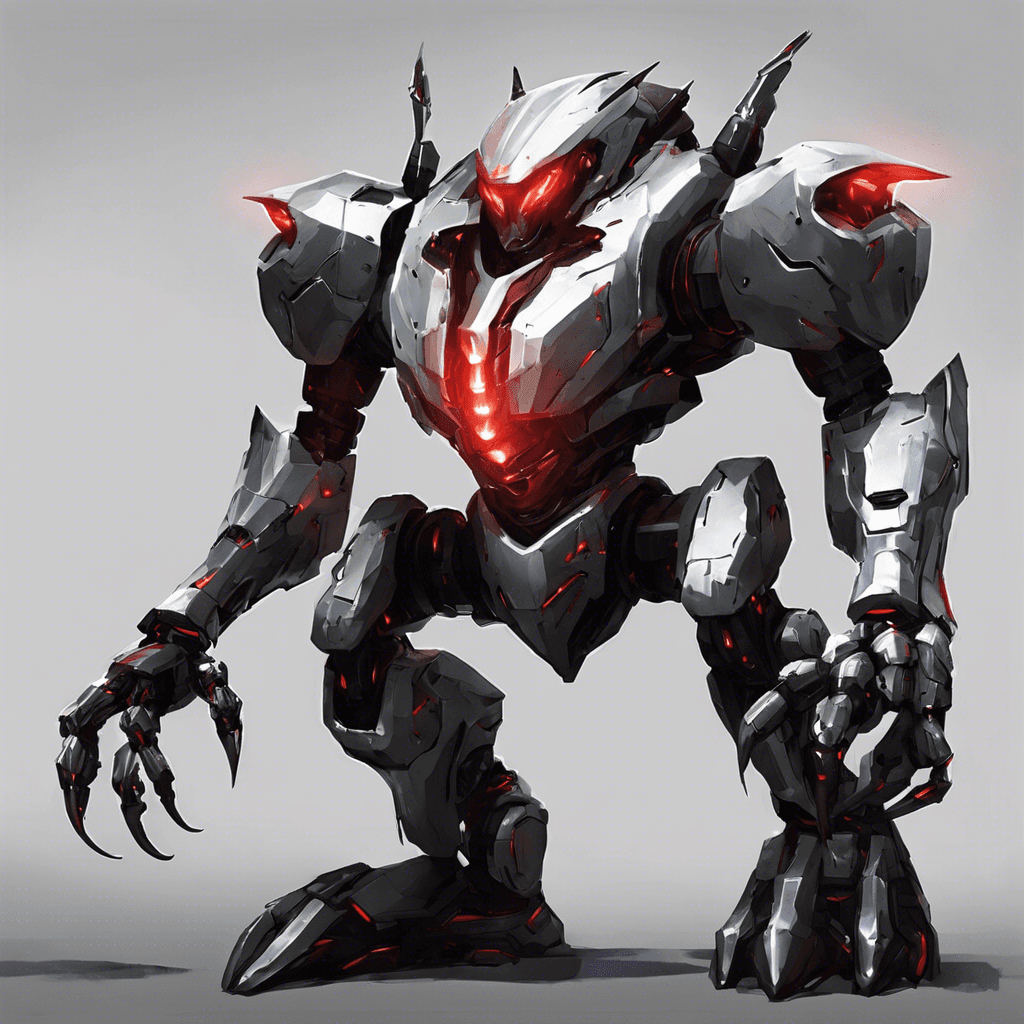 A towering machine, standing at least 10 feet tall with sleek silver armor covering its robotic body. Glowing red eyes pierce through the darkness, scanning its surroundings for any intruders. Its arms end in sharp claws capable of tearing through metal and flesh with ease.