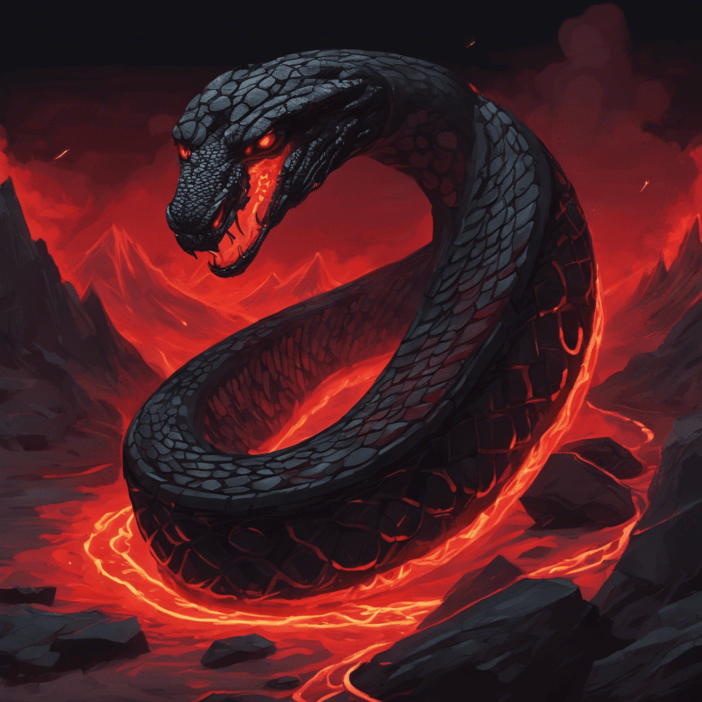 A massive, midnight-black serpent with scales hard as gemstones, eyes glowing with an eerie red light. It slithers forward, leaving a trail of smoldering earth in its wake.