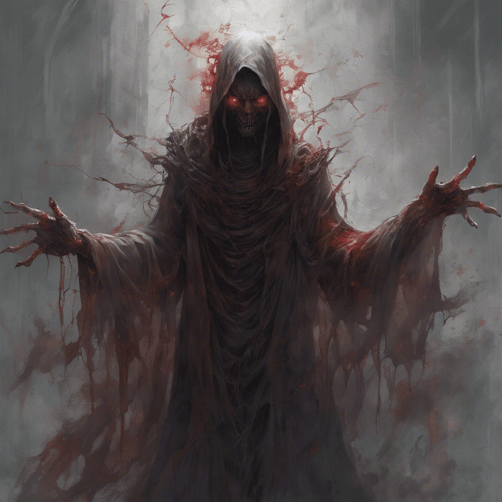 A translucent figure with piercing red eyes, draped in tattered robes that seem to absorb the faint light around it, claws extending from its smoky, incorporeal hands.