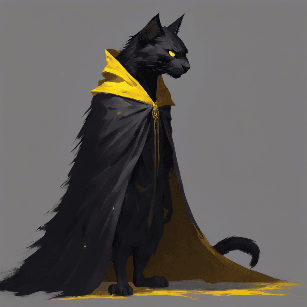 A towering feline creature with sleek black fur, piercing yellow eyes, and razor-sharp claws. It wears a tattered cloak that seems to meld with the shadows.