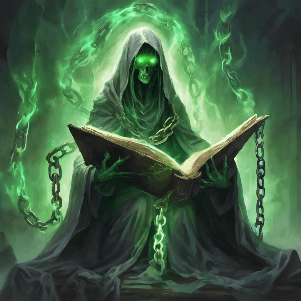 A spectral apparition surrounded by tattered robes and ancient chains, its eyes are hollow yet burn with a malevolent green glow. It floats, its form flickering like a candle in the wind, and in its ethereal grasp, it clutches a tome bound in shadows.