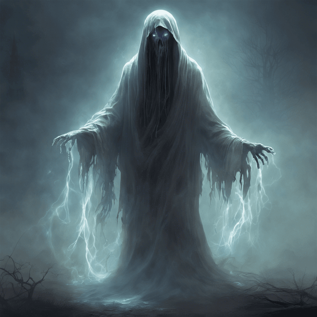 A ghostly figure shrouded in tattered robes, its hollow eyes emit a faint, ghastly glow. Wisps of spectral mist coil around its form as it hovers ominously above the ground.