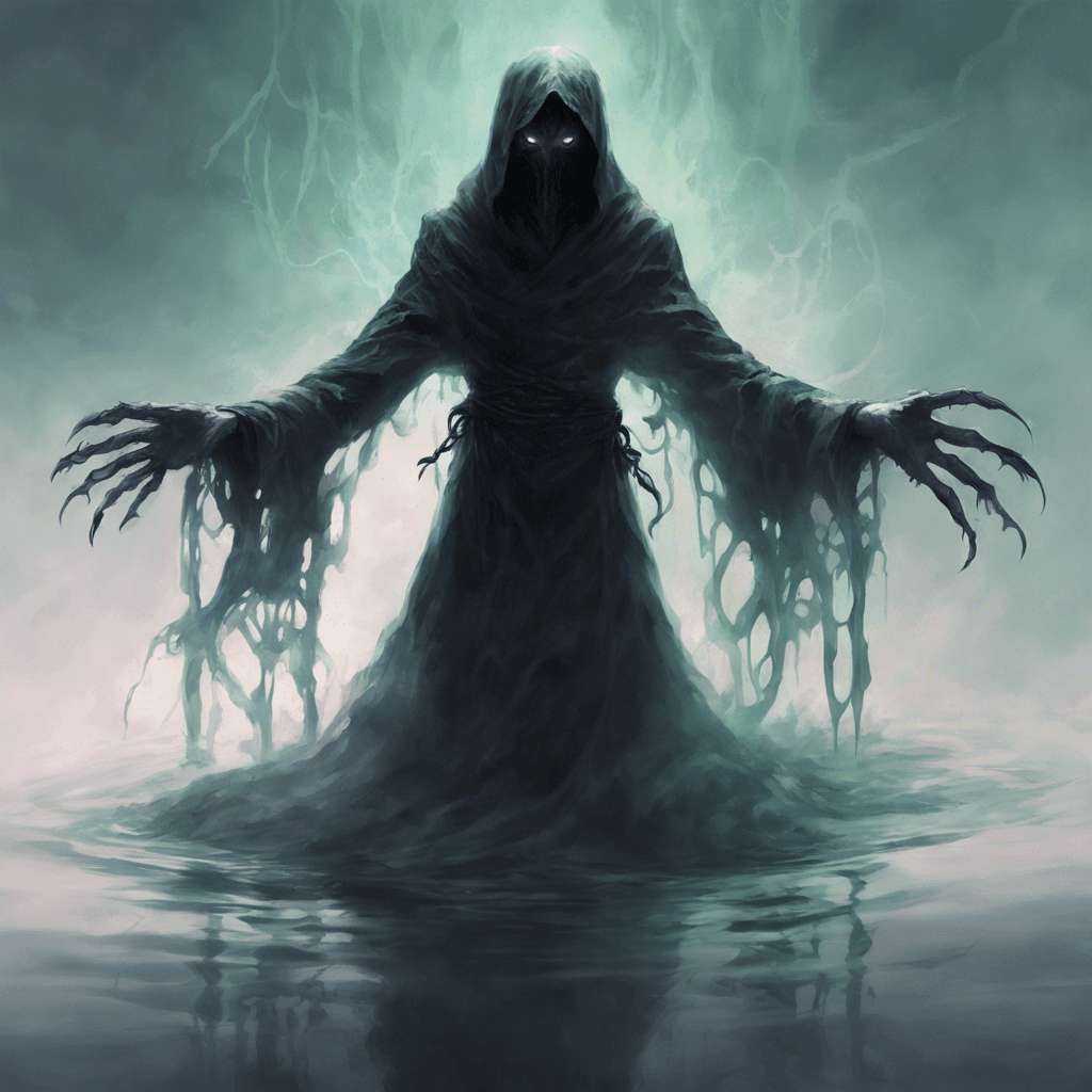 A shadowy figure with hollow eyes, tattered robes floating as if underwater, and elongated fingers ending in claws that ooze spectral mist.