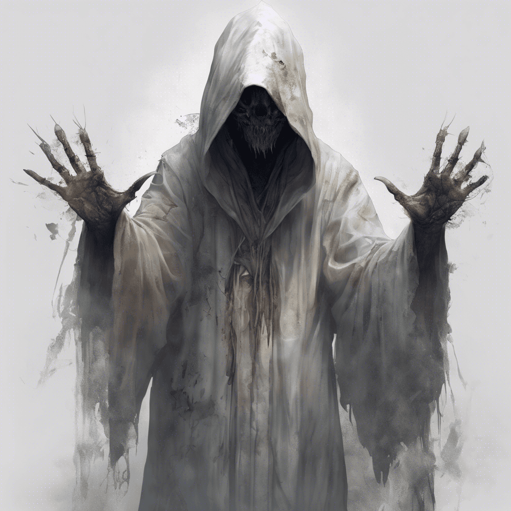 A translucent, ethereal figure clad in tattered robes, its face obscured by a deep hood. Its hands stretch out towards the living, with long, wispy fingers that end in razor-sharp claws.