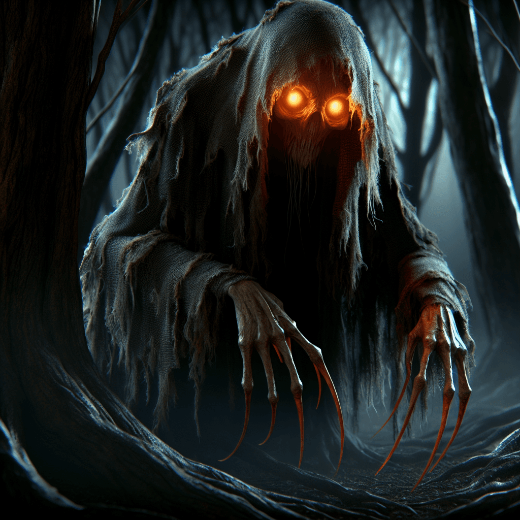 A lithe creature shrouded in tattered robes, with glowing amber eyes peering from the darkness. Its claws are long and tainted with a venomous essence, and it moves with ghostly silence through the trees.