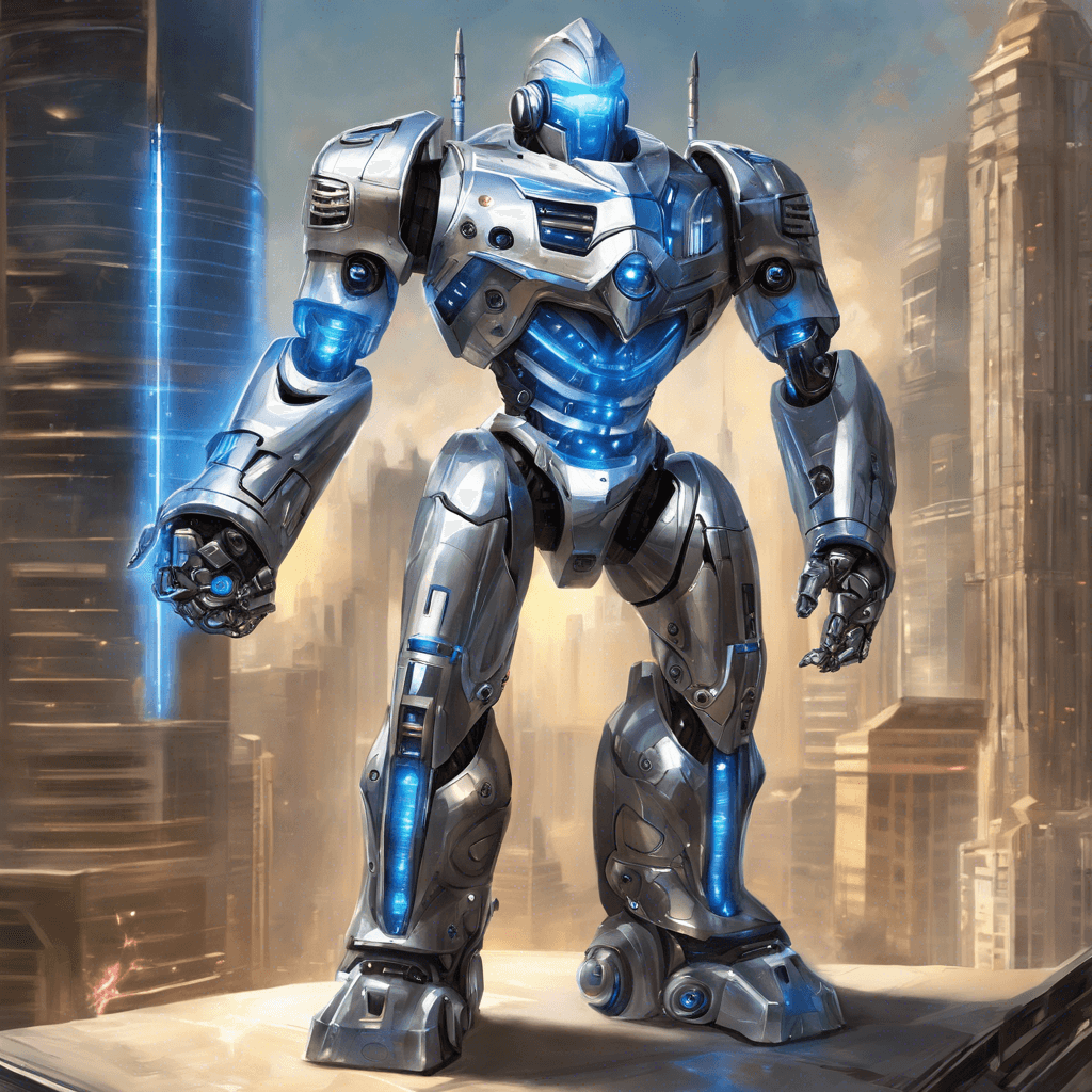 The Galactic Enforcer is a towering robot adorned in gleaming silver armor, with glowing blue circuits running along its sleek design. It wields a powerful energy cannon on one arm and moves with startling speed and precision.