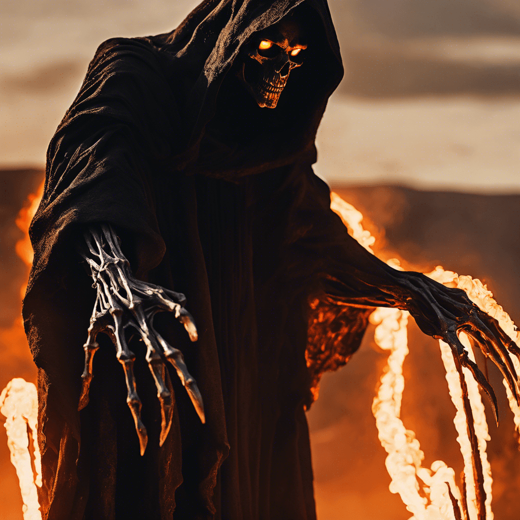 The Scorchreaper is a towering figure draped in tattered black robes, its body emanating waves of intense heat. Its eyes glow with an otherworldly orange light, and its hands are wreathed in flickering flames. As it moves, the ground beneath it cracks and smolders.