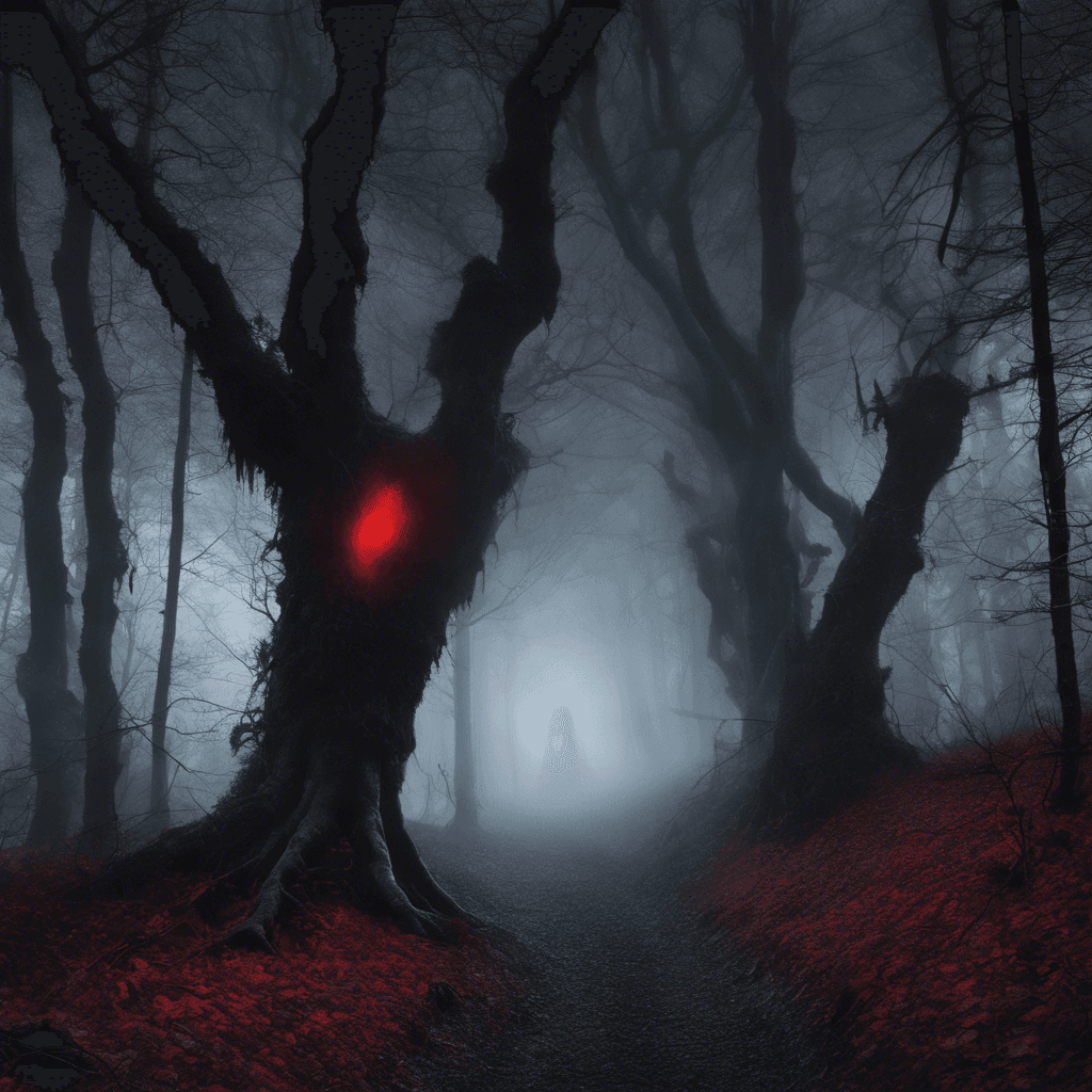 The Specter of the Black Forest is a ghostly figure shrouded in darkness, with glowing red eyes that pierce through the night. Its ethereal form seems to float effortlessly, emanating a chilling aura that freezes the surrounding air. Wisps of mist swirl around its form, making it hard to discern its exact shape.