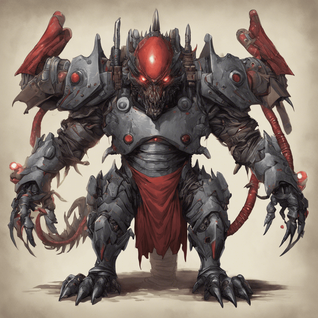 A seven-foot tall creature covered in chitinous armor, with piercing red eyes, and armed with a plasma blaster integrated into its right arm.