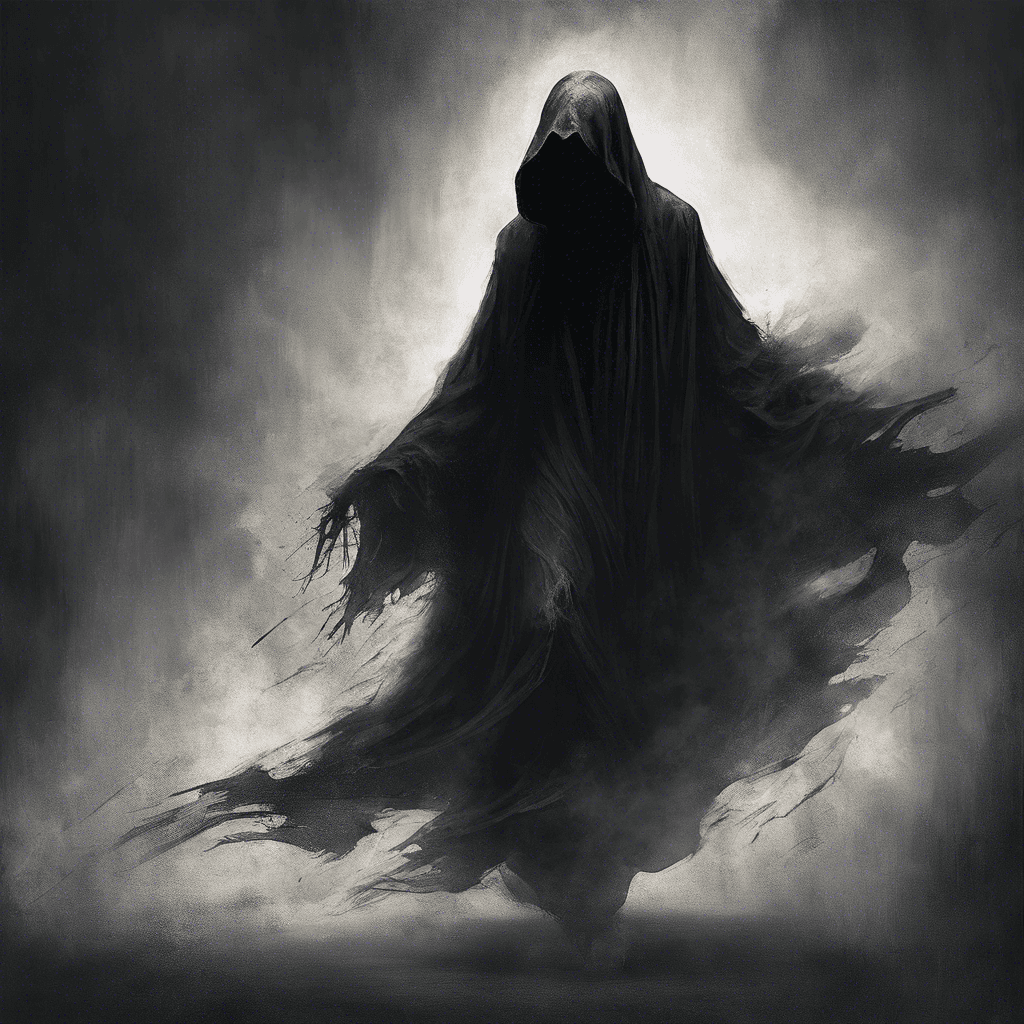 The Specter of the Shadows is a ghostly figure draped in tattered black robes, its face obscured by darkness. It moves silently, leaving a trail of chilling whispers in its wake. Shadows seem to coalesce around it, enhancing its eerie presence.