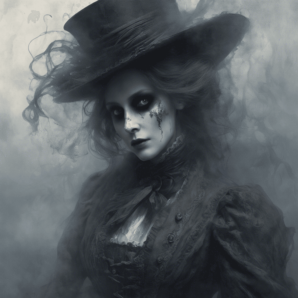 A ghostly figure clad in tattered Victorian-era clothing, with hollow eyes that seem to pierce through the darkness. Wisps of ethereal mist swirl around her as she hovers in the air, emitting an eerie, mournful wail that chills the bones.